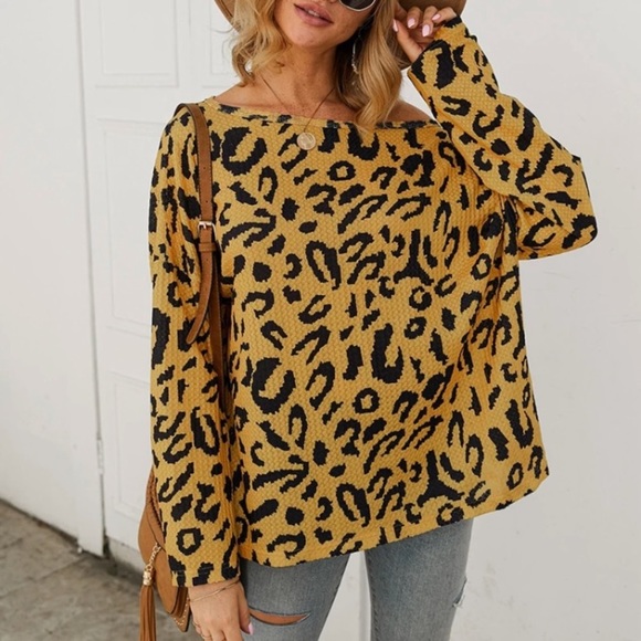 SOLD OUT CLEARANCE Yellow Leopard Waffle Off Shoulder Long Sleeve Top - Picture 2 of 3